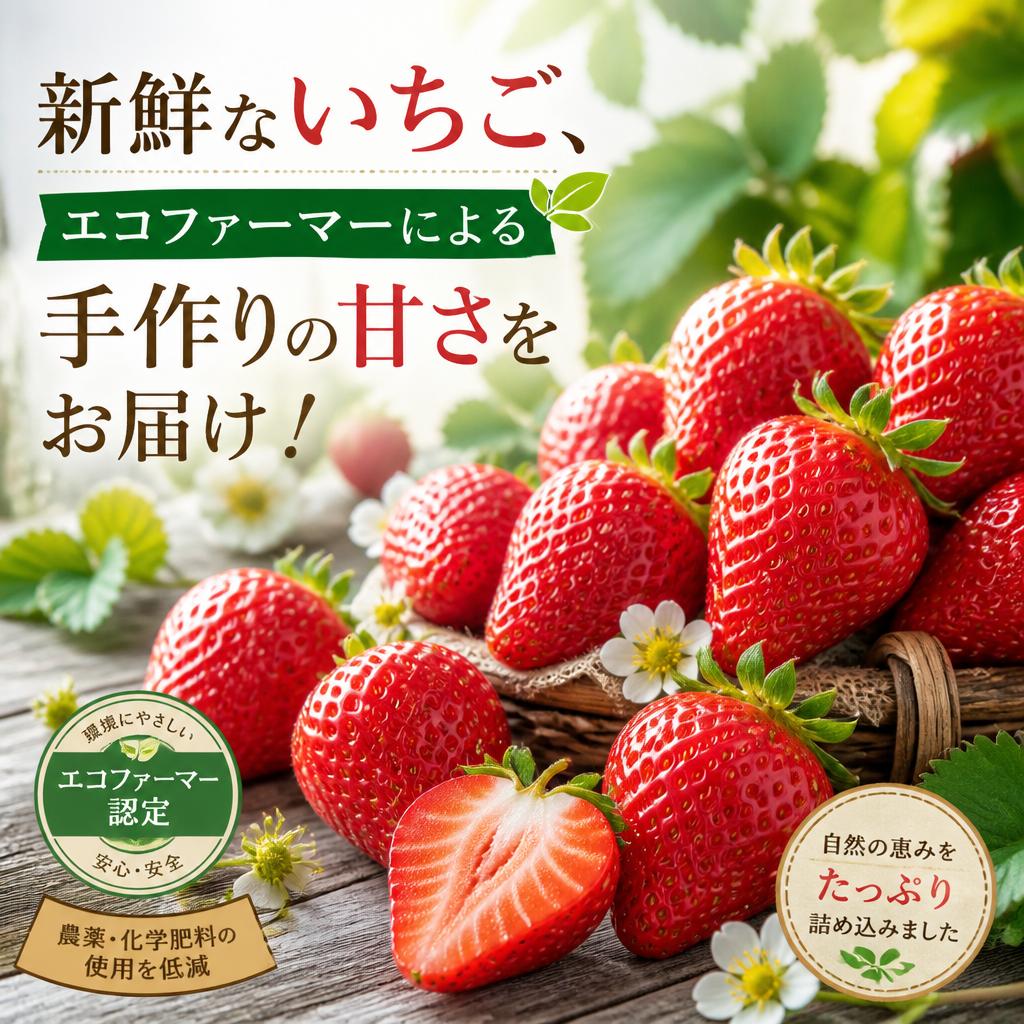 新鮮ないちご、エコファーマーによる手作りの甘さをお届け！